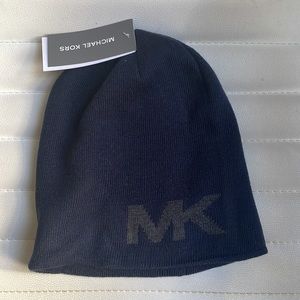Michael Kors Navy Knit Beanie Hat Logo Reversible